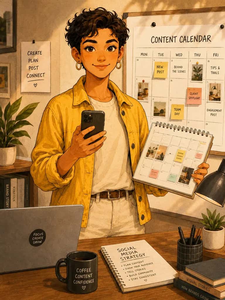 Jordan planning social content at her desk