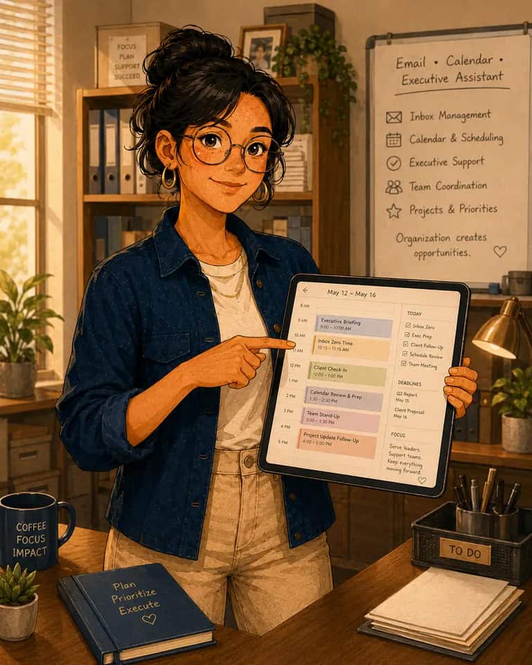 Maya at her office desk